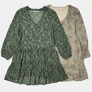 Zara Tiered Mini Dress Bundle Lot TWO Women XS Green Animal Paisley Long Sleeve